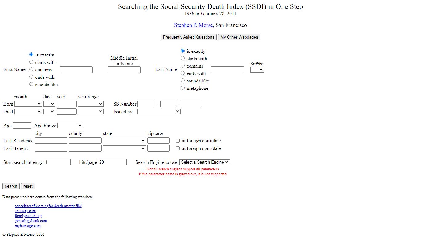 Searching the Social Security Death Index (SSDI) in One Step - Steve Morse
